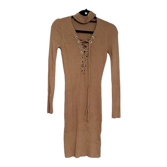 AKIRA Ribbed Lace-up Bodycon Dress Collar Long Sleeved Neutral Stretch Large - Picture 2 of 8